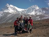 12 17 Gerhardt, Rajin, Jerome Ryan, Tashi, Ram, Chris, Jan, Ben And Shane With Chomolonzo and Makalu From Near Everest East Base Camp In Tibet After about two hours the clouds started to cover Everest�s face, so the four of us decided to head back. We walked to the British Camp and were surprised to meet Shane, Jan, Ben, Rajin, and Tashi sitting and talking to the British Camp Nepalese. We took another team photo: Gerhardt, Rajin, Jerome Ryan, Tashi, Ram, Chris, Jan, Ben and Shane with Chomolonzo and Makalu behind.